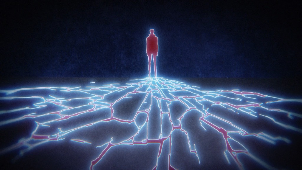 Person blocked out as Red with radiating red glowing branches on the floor around him